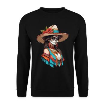 Ikonischer Zuckerschädel Mexiko Skull Streetwear - Unisex Pullover - Schwarz - Vorne - Alina (178cm) & Michal (187cm)