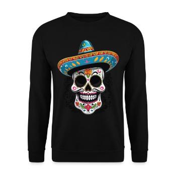 Ikonischer Zuckerschädel Mexikanischer Streetwear - Unisex Pullover - Schwarz - Vorne - Alina (178cm) & Michal (187cm)