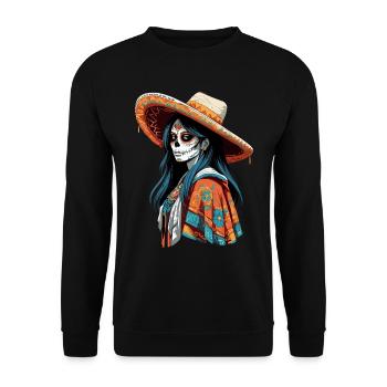 Ikonischer Zuckerschädel Mexiko Streetwear - Unisex Pullover - Schwarz - Vorne - Alina (178cm) & Michal (187cm)