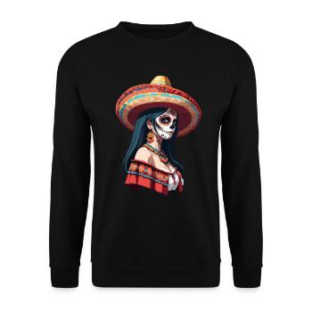 Ikonischer Zuckerschädel Mexikanisches Girl - Unisex Pullover - Schwarz - Vorne - Alina (178cm) & Michal (187cm)