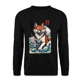 Vintage Ukiyo-E Stil Japanische Kitsune Fuchs - Unisex Pullover - Schwarz - Vorne - Alina (178cm) & Michal (187cm)