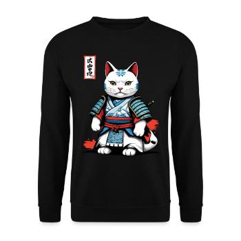 Samurai Katze in Japanischem Samurai Kunstwerk - Unisex Pullover - Schwarz - Vorne - Alina (178cm) & Michal (187cm)