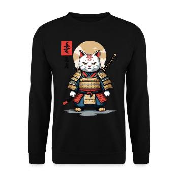 Samurai Katze Asiatischer Ukiyo-E Stil Aesthetic - Unisex Pullover - Schwarz - Vorne - Alina (178cm) & Michal (187cm)