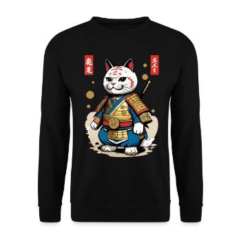 Samurai Katze im Ästhetischen Japan Stil - Unisex Pullover - Schwarz - Vorne - Alina (178cm) & Michal (187cm)