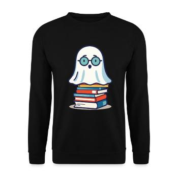 Lesendes Halloween Gespenst Niedliches Bücherwurm - Unisex Pullover - Schwarz - Vorne - Alina (178cm) & Michal (187cm)