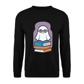 Buchliebhaber Stil Halloween Gespenst Bücherwurm - Unisex Pullover - Schwarz - Vorne - Alina (178cm) & Michal (187cm)