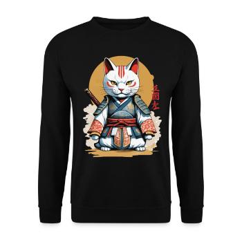 Samurai Katze Japanisches Kunstwerk Anime Design - Unisex Pullover - Schwarz - Vorne - Alina (178cm) & Michal (187cm)