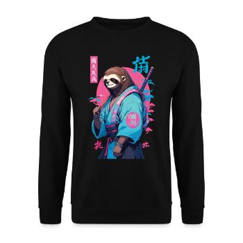 Samurai Faultier Aesthetic Vaporwave Stil - Unisex Pullover - Schwarz - Vorne - Alina (178cm) & Michal (187cm)