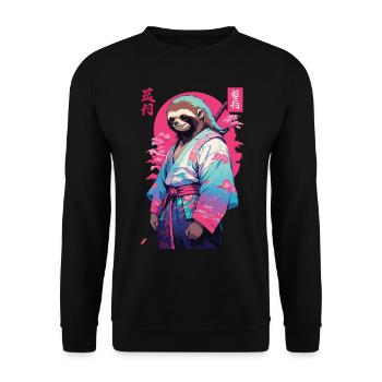 Samurai Faultier Aesthetic Vaporwave Stil - Unisex Pullover - Schwarz - Vorne - Alina (178cm) & Michal (187cm)