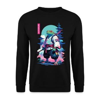 Samurai Frosch Aesthetic Vaporwave Stil - Unisex Pullover - Schwarz - Vorne - Alina (178cm) & Michal (187cm)