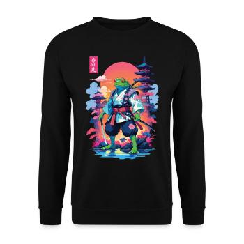 Samurai Frosch & Aesthetic Vaporwave Stil - Unisex Pullover - Schwarz - Vorne - Alina (178cm) & Michal (187cm)