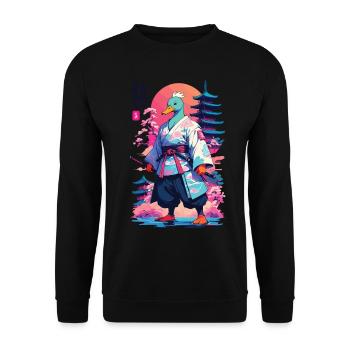 Samurai Ente im Aesthetic Vaporwave Stil - Unisex Pullover - Schwarz - Vorne - Alina (178cm) & Michal (187cm)