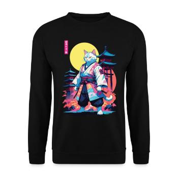 Samurai Katze Vaporwave Aesthetic Design - Unisex Pullover - Schwarz - Vorne - Alina (178cm) & Michal (187cm)