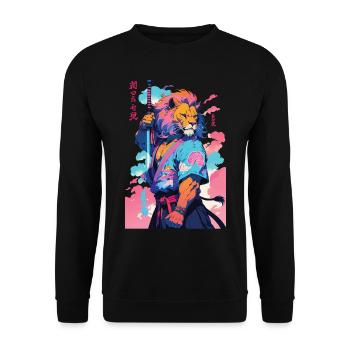 Samurai Löwe Aesthetic Vaporwave Stil - Unisex Pullover - Schwarz - Vorne - Alina (178cm) & Michal (187cm)