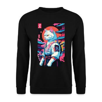 Samurai Katze Vaporwave Aesthetic Japan Kunst - Unisex Pullover - Schwarz - Vorne - Alina (178cm) & Michal (187cm)