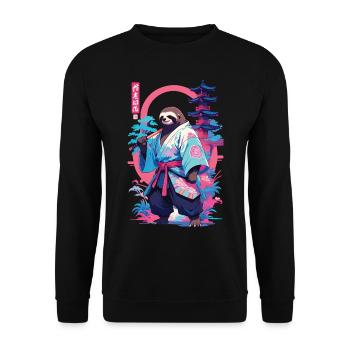Samurai Faultier Aesthetic Vaporwave Stil - Unisex Pullover - Schwarz - Vorne - Alina (178cm) & Michal (187cm)