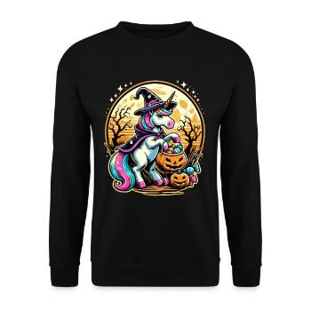 Lustiges Hexen Einhorn Halloween Trick or Treat - Unisex Pullover - Schwarz - Vorne - Alina (178cm) & Michal (187cm)