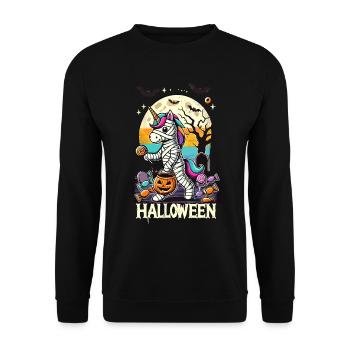 Lustige Einhorn Mumie Liebt Süßigkeiten - Unisex Pullover - Schwarz - Vorne - Alina (178cm) & Michal (187cm)