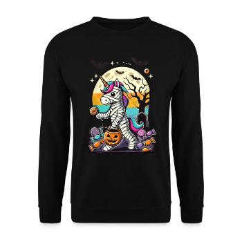 Lustige Einhorn Mumie Liebt Süßigkeiten - Unisex Pullover - Schwarz - Vorne - Alina (178cm) & Michal (187cm)