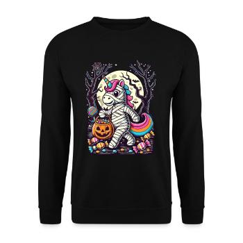 Lustige Einhorn Mumie Liebt Süßigkeiten - Unisex Pullover - Schwarz - Vorne - Alina (178cm) & Michal (187cm)
