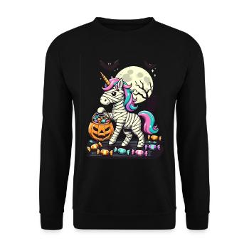 Lustige Einhorn Mumie Liebt Süßigkeiten - Unisex Pullover - Schwarz - Vorne - Alina (178cm) & Michal (187cm)