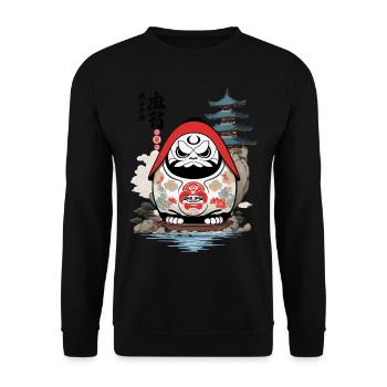 Japanischer Daruma Ästhetik Yokai Vintage - Unisex Pullover - Schwarz - Vorne - Alina (178cm) & Michal (187cm)