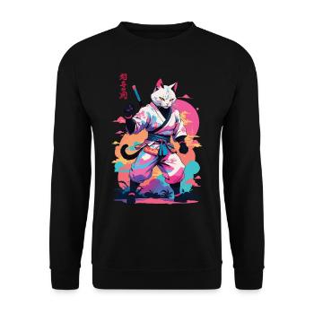 Samurai Katze Vaporwave Aesthetic Japan Kunst - Unisex Pullover - Schwarz - Vorne - Alina (178cm) & Michal (187cm)