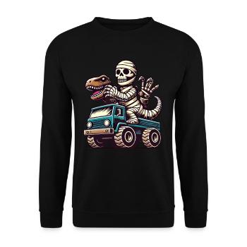 Dino Mit Skelett Dinosaurier Auf Monstertruck - Unisex Pullover - Schwarz - Vorne - Alina (178cm) & Michal (187cm)