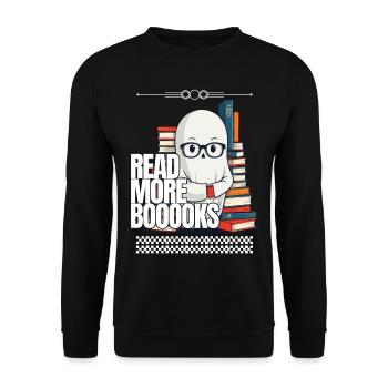 Niedliches Buchliebhaber Gespenst Lustiger Spruch - Unisex Pullover - Schwarz - Vorne - Alina (178cm) & Michal (187cm)