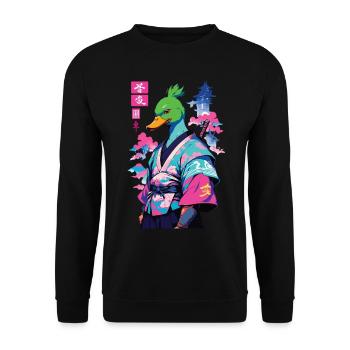 Samurai Ente Im Aesthetic Vaporwave Stil - Unisex Pullover - Schwarz - Vorne - Alina (178cm) & Michal (187cm)
