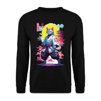 Samurai Katze Vaporwave Aesthetic Design - Unisex Pullover - Schwarz - Vorne - Alina (178cm) & Michal (187cm)