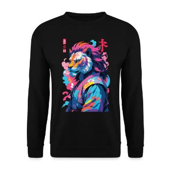 Samurai Löwe Aesthetic Vaporwave Stil - Unisex Pullover - Schwarz - Vorne - Alina (178cm) & Michal (187cm)