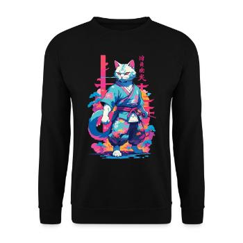 Samurai Katze Vaporwave Aesthetic Japan Kunst - Unisex Pullover - Schwarz - Vorne - Alina (178cm) & Michal (187cm)