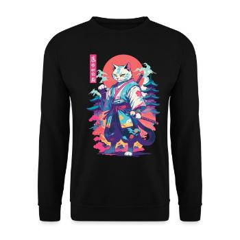 Samurai Katze Vaporwave Aesthetic Japan Kunst - Unisex Pullover - Schwarz - Vorne - Alina (178cm) & Michal (187cm)