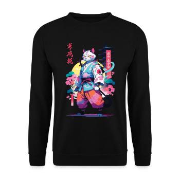 Samurai Katze Vaporwave Aesthetic - Unisex Pullover - Schwarz - Vorne - Alina (178cm) & Michal (187cm)