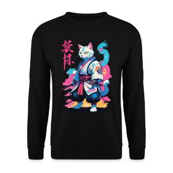 Samurai Katze Vaporwave Aesthetic Japan Kunst - Unisex Pullover - Schwarz - Vorne - Alina (178cm) & Michal (187cm)