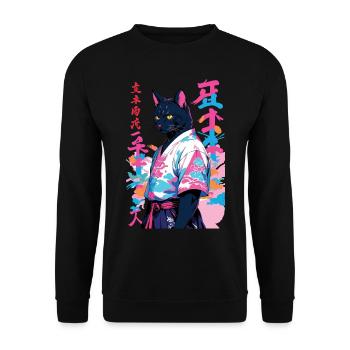 Samurai Katze Vaporwave Aesthetic Samurai Kunst - Unisex Pullover - Schwarz - Vorne - Alina (178cm) & Michal (187cm)