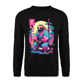 Samurai Faultier im Aesthetic Vaporwave Stil - Unisex Pullover - Schwarz - Vorne - Alina (178cm) & Michal (187cm)