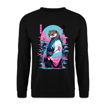 Samurai Otter Aesthetic Vaporwave Stil - Unisex Pullover - Schwarz - Vorne - Alina (178cm) & Michal (187cm)