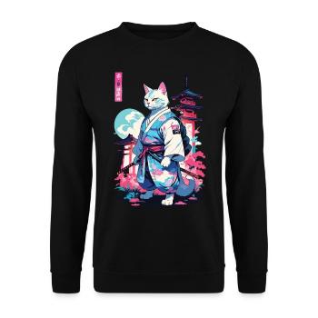 Samurai Katze Vaporwave Aesthetic Japan Style - Unisex Pullover - Schwarz - Vorne - Alina (178cm) & Michal (187cm)