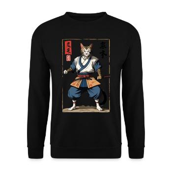 Samurai Katze Vintage Ukiyo-E Japanischer Samurai - Unisex Pullover - Schwarz - Vorne - Alina (178cm) & Michal (187cm)