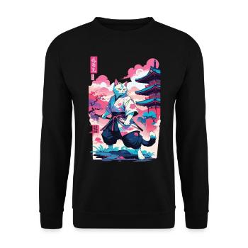 Samurai Katze Vaporwave Aesthetic Japan Kunst - Unisex Pullover - Schwarz - Vorne - Alina (178cm) & Michal (187cm)