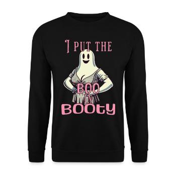 lustiges Retro Gespenst Design boo in Booty Spruch - Unisex Pullover - Schwarz - Vorne - Alina (178cm) & Michal (187cm)