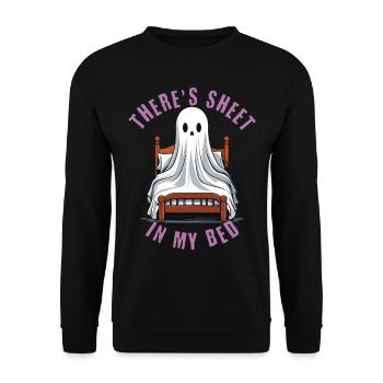 Funny Halloween Saying: There's Sheet In My Bed - Unisex Sweatshirt - black - Front - Alina (178cm) & Michal (187cm)