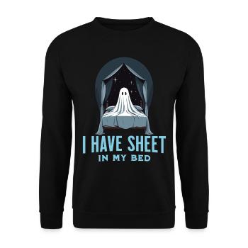 Funny Halloween Saying: There's Sheet In My Bed - Unisex Sweatshirt - black - Front - Alina (178cm) & Michal (187cm)