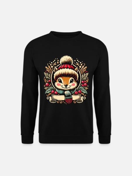 Weihnachtliches Eichhörnchen Mit Mütze Und Schal - Unisex Pullover - Schwarz