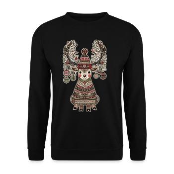 Weihnachtliches Vintage-Rentier im - Unisex Pullover - Schwarz - Vorne - Alina (178cm) & Michal (187cm)