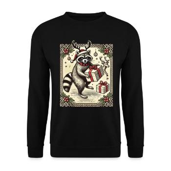 Weihnachtlicher Waschbär Mit Geschenken Und - Unisex Pullover - Schwarz - Vorne - Alina (178cm) & Michal (187cm)