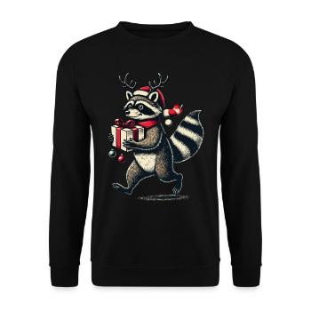 Weihnachtlicher Waschbär Mit Geschenk - Unisex Pullover - Schwarz - Vorne - Alina (178cm) & Michal (187cm)