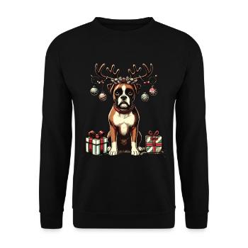 Weihnachtlicher Boxer Hund Mit Rentiergeweih - Unisex Pullover - Schwarz - Vorne - Alina (178cm) & Michal (187cm)
